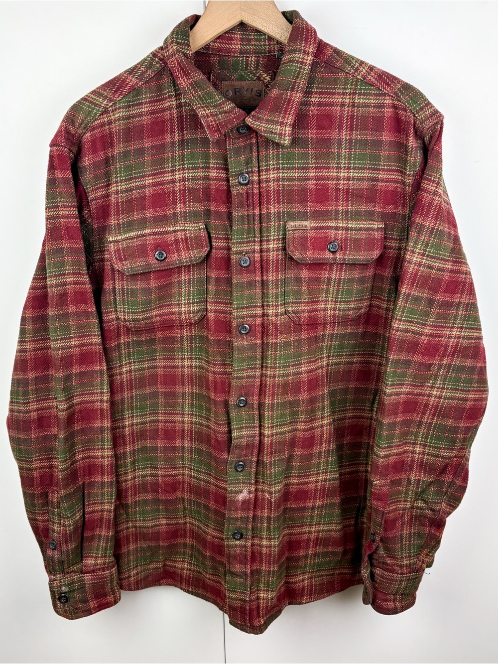 Orvis 100% Cotton Thick Heavy Flannel Hunting Red Green Plaid Casual Button Down
